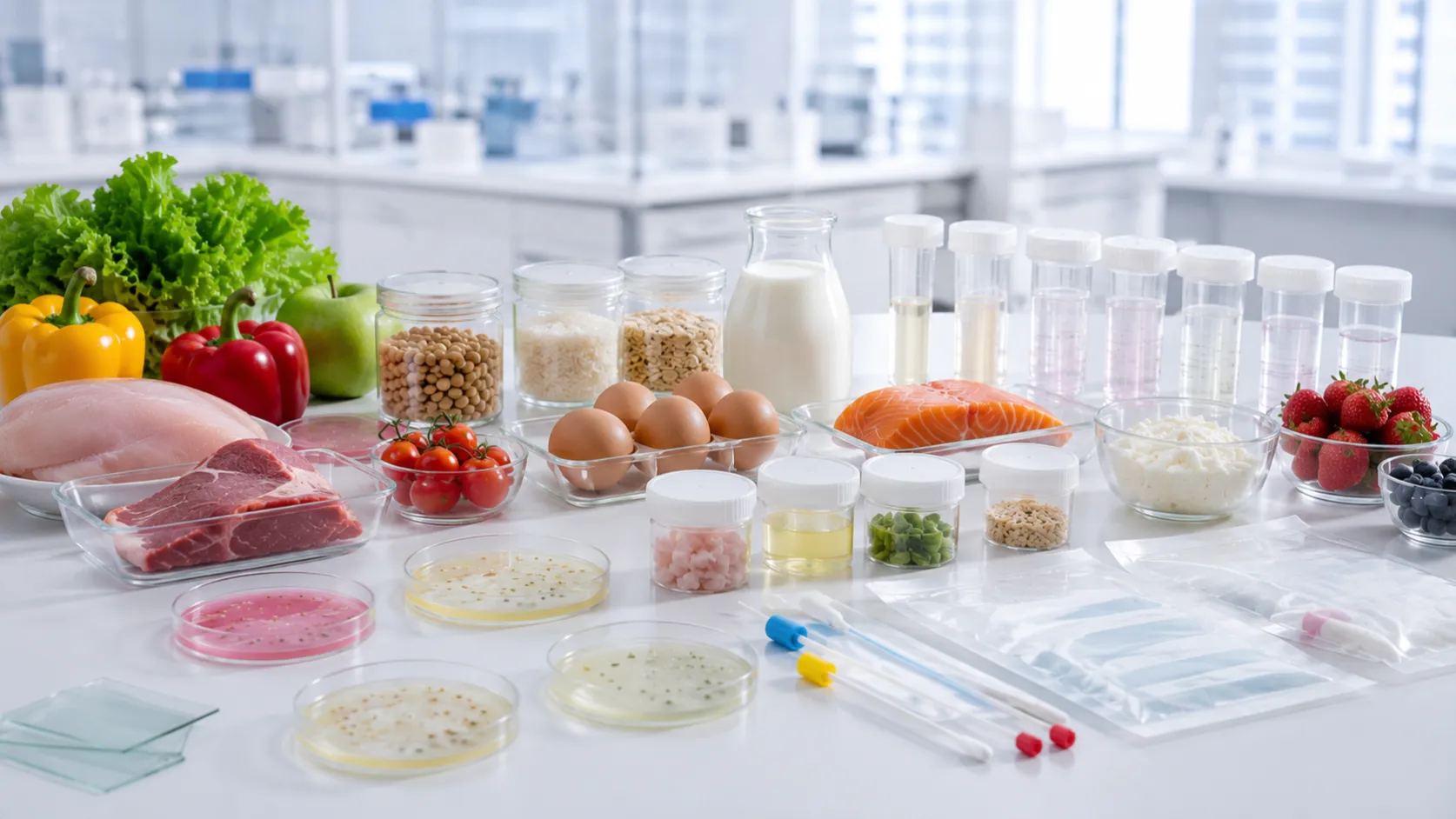 AELAB Food safety analysis laboratory instruments guide cover image showing petri dish, microscope, and food sample