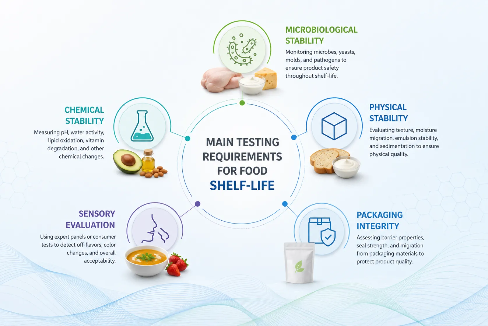 Food shelf-life testing process showing time, temperature, humidity, safety, and quality control aelab