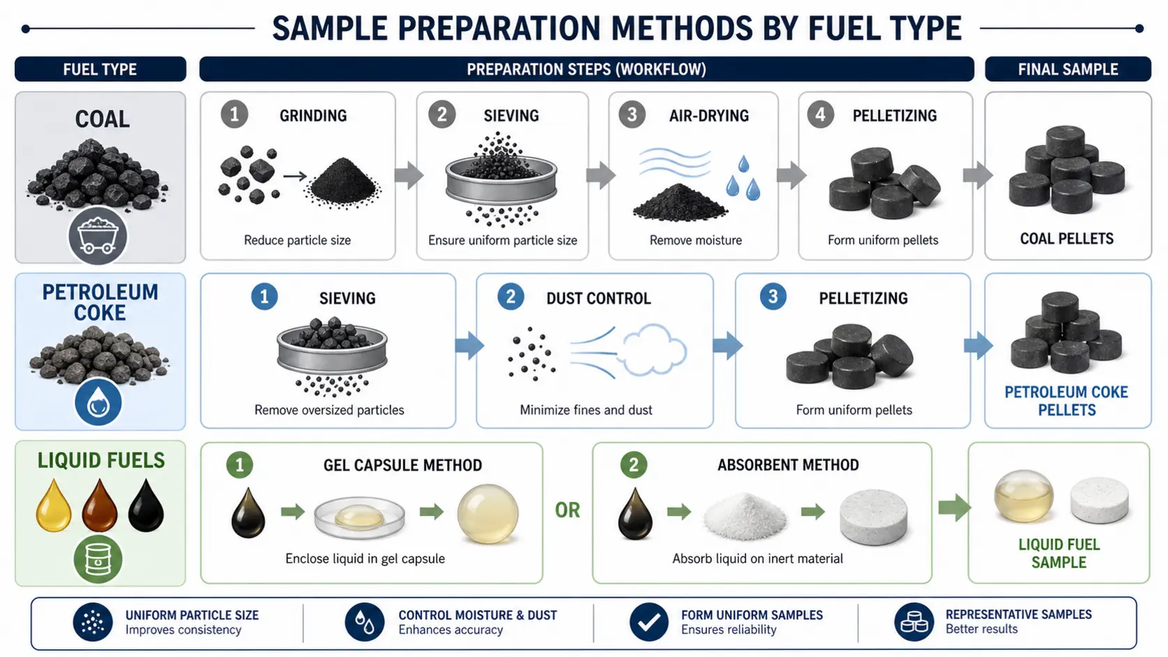 Infographic comparing sample preparation steps for coal, petroleum coke, and liquid fuels in bomb calorimetry.