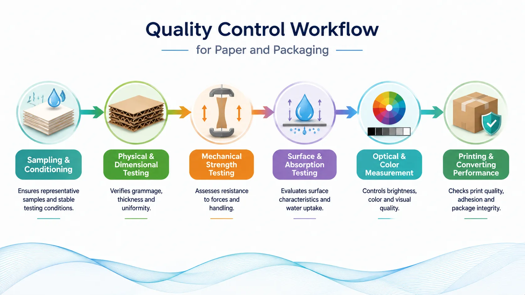 AELAB Paper and packaging quality control workflow covering sampling, physical, mechanical, surface, optical and printing performance tests