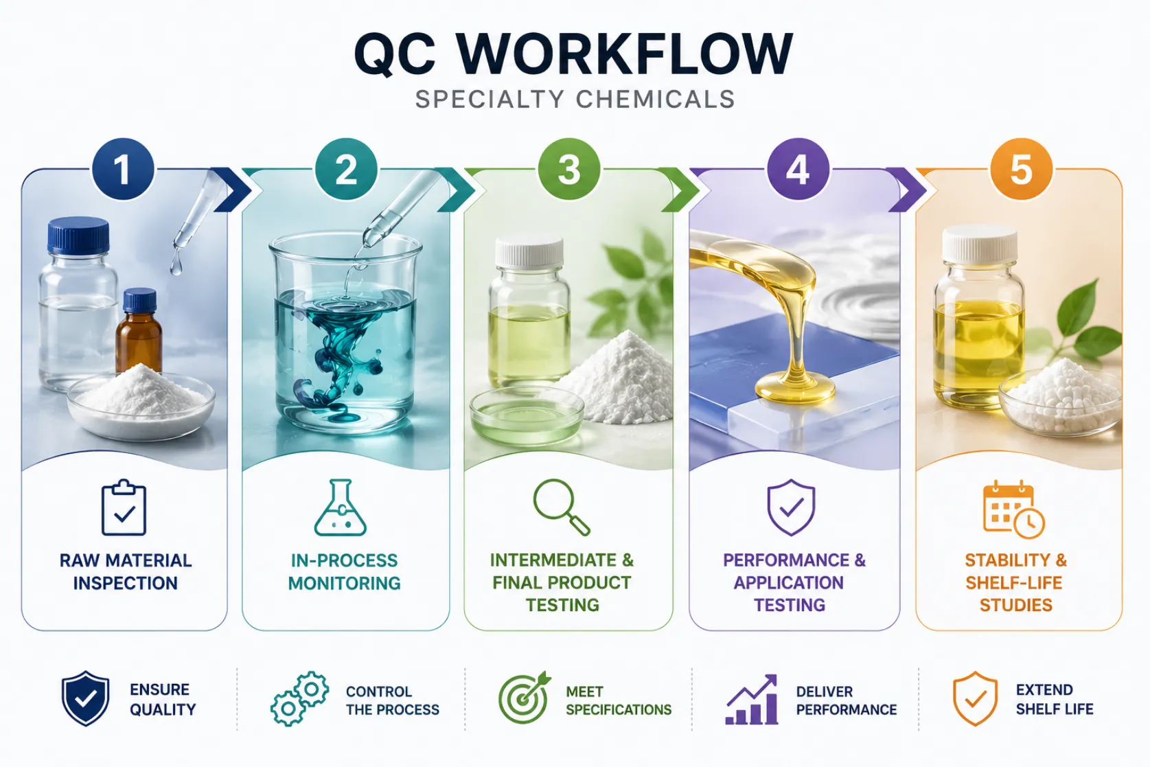 Infographic showing the five-stage specialty chemical quality control workflow AELAB