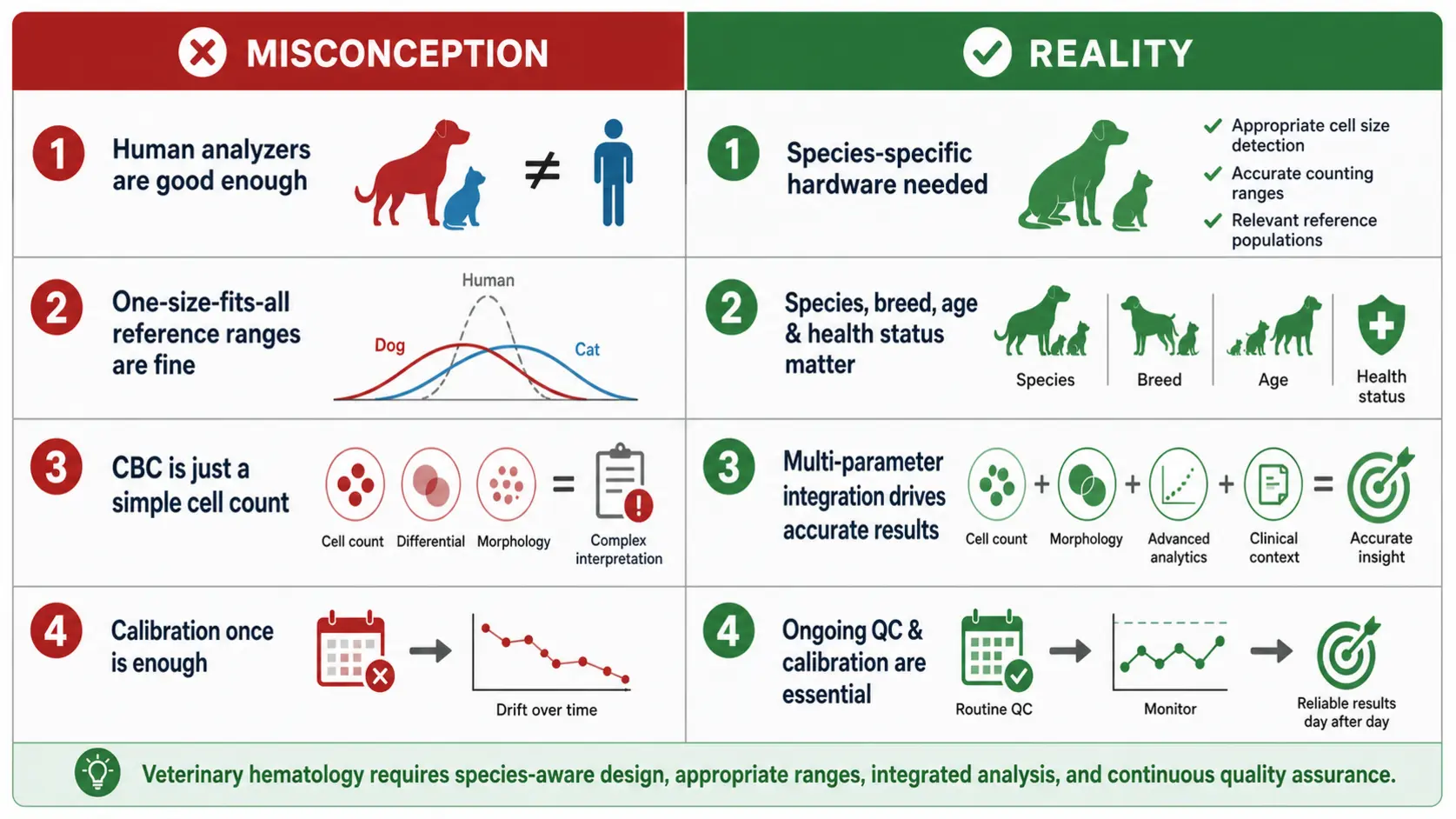 Infographic comparing four common misconceptions about veterinary hematology analyzers with their corrected facts, in a table-style layout.
