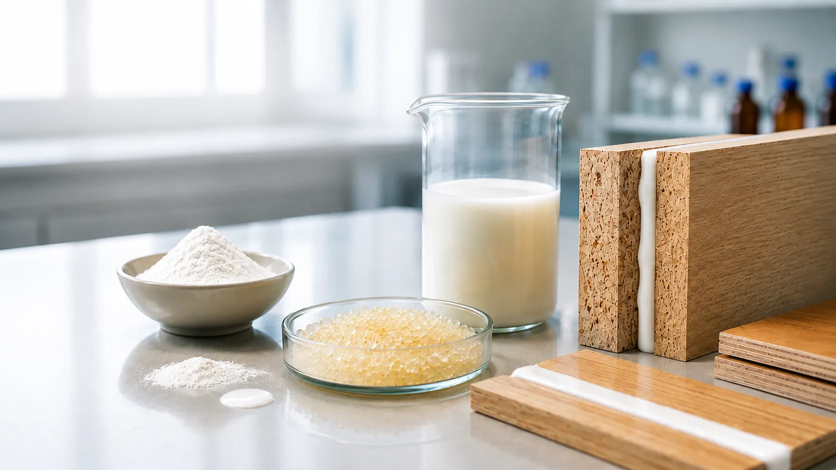 Laboratory quality control of wood adhesive manufacturing showing adhesive formulation materials, wood bonding samples, and industrial quality testing AELAB
