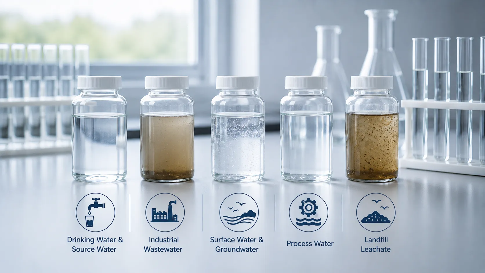 Water samples for heavy metal analysis including drinking water, industrial wastewater, surface water, process water, and landfill leachate