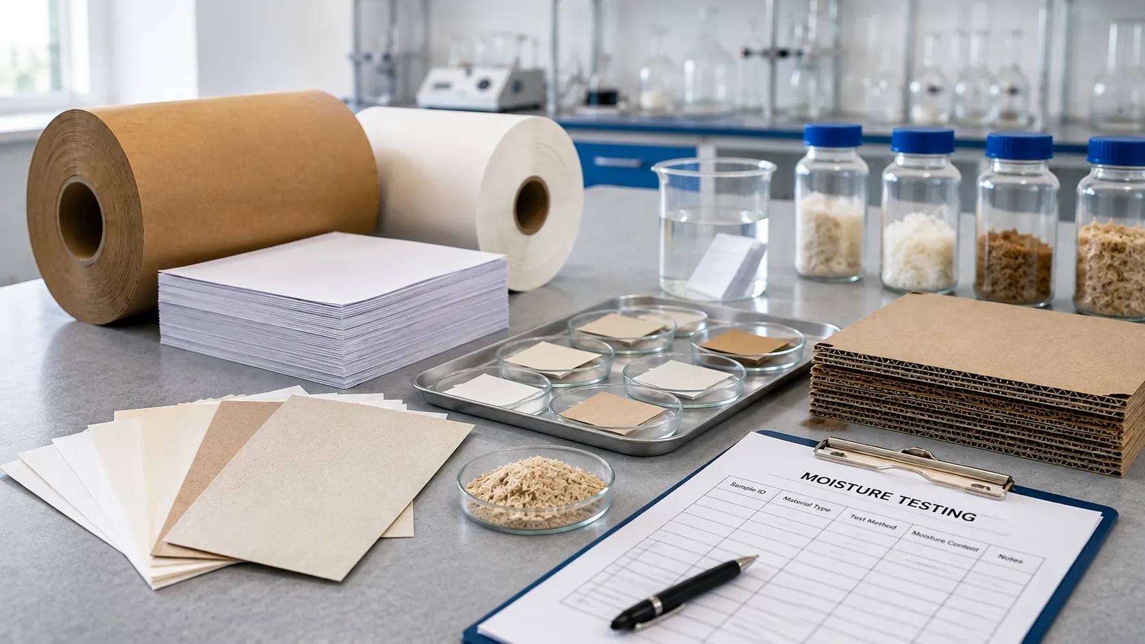 Paper moisture testing equipment in a quality control laboratory setting with paper samples, moisture analyzer, and conditioning chamber
