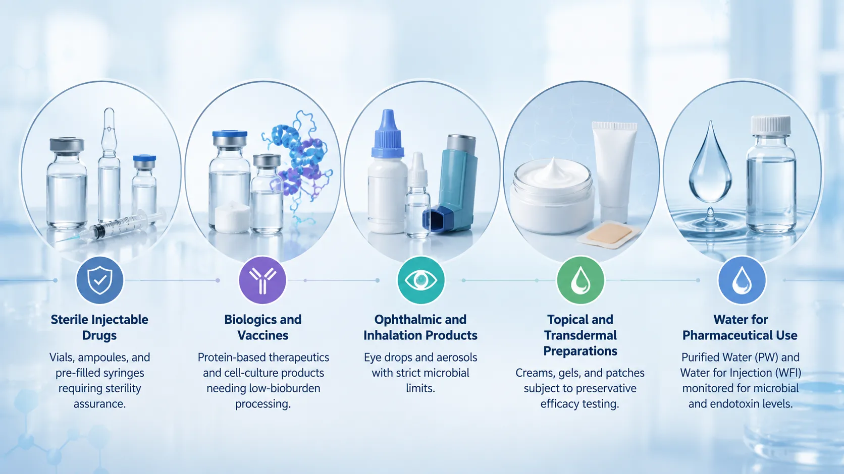 Illustration of main pharmaceutical microbiology products and applications including sterile injectable drugs, biologics, vaccines, ophthalmic products, topical formulations, and pharmaceutical water quality control.