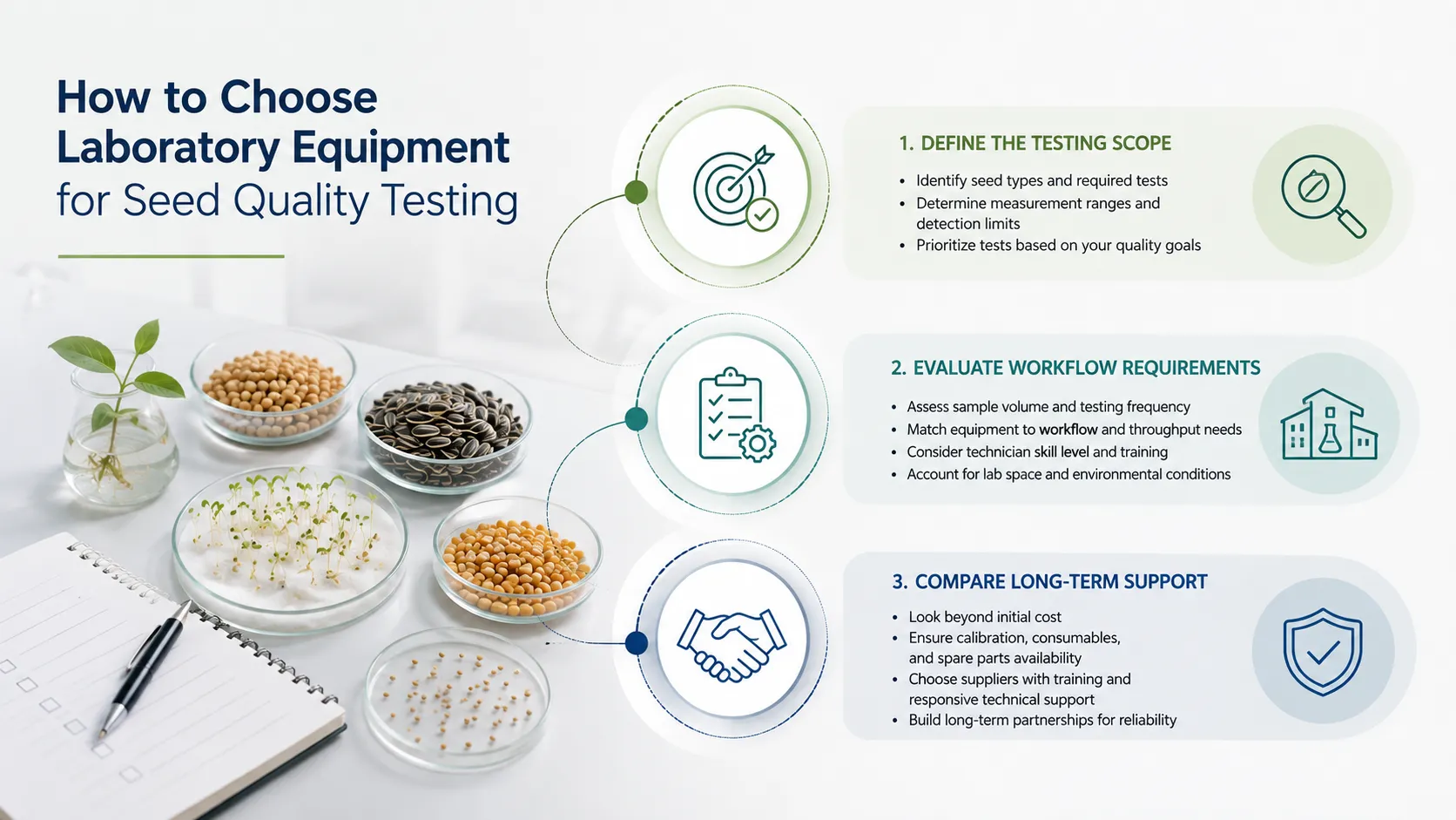 How to choose laboratory equipment for seed quality testing based on testing scope, workflow requirements, and long-term support