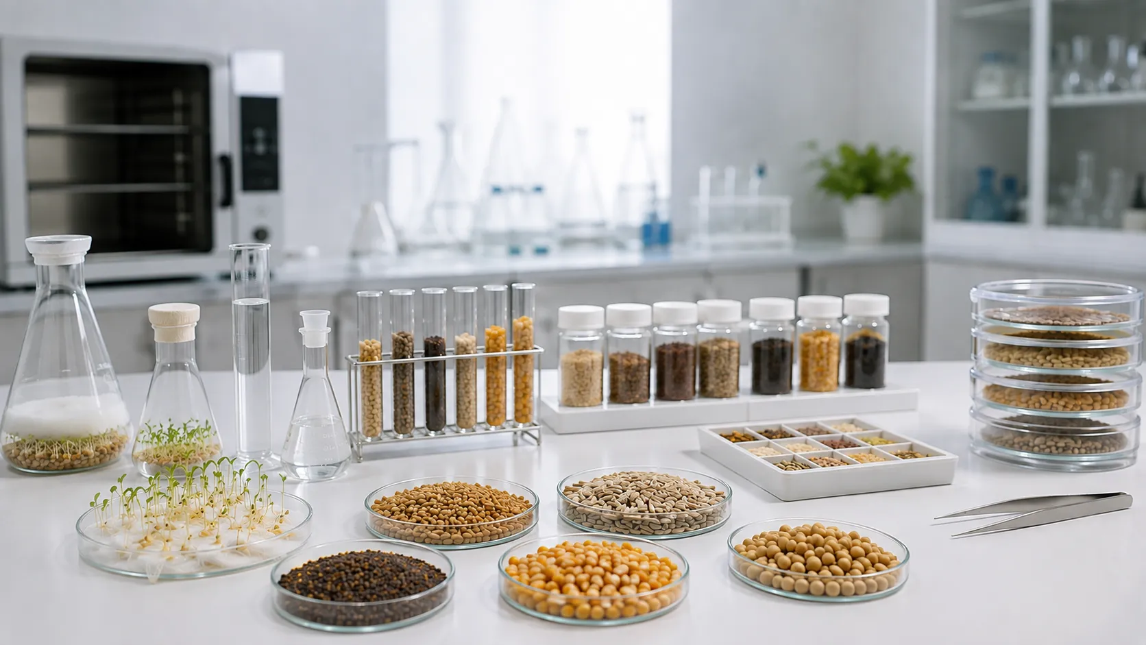 Seed quality testing laboratory equipment including germination test, moisture analysis, and purity inspection.