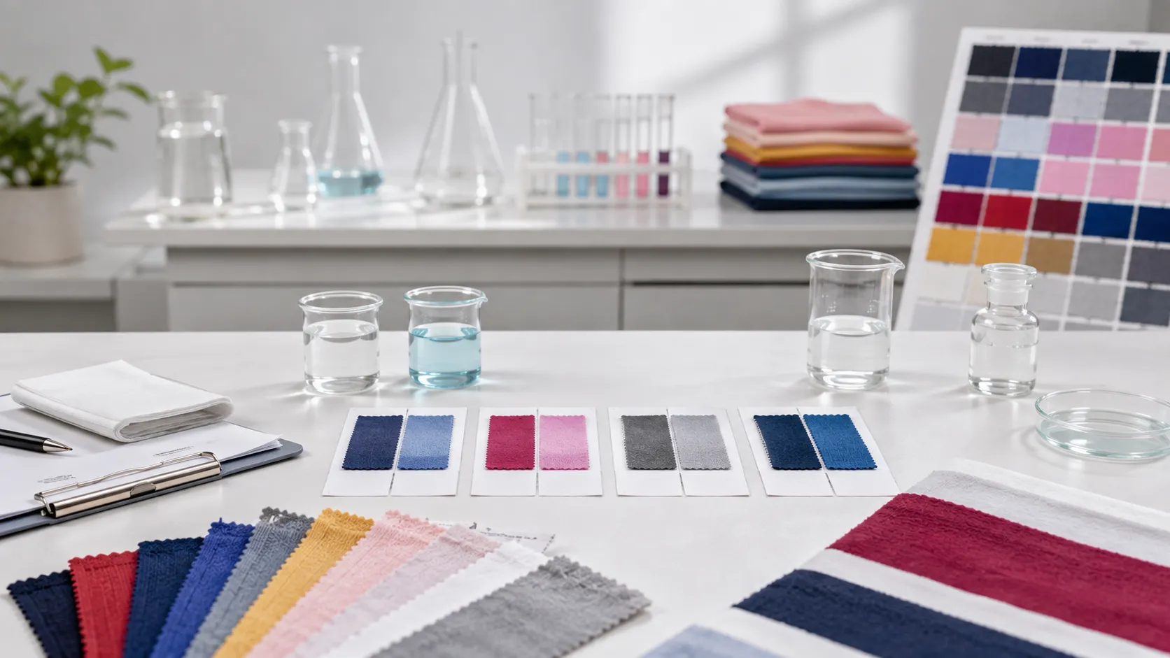 Color fastness testing equipment in textile laboratory with fabric samples and grey scale