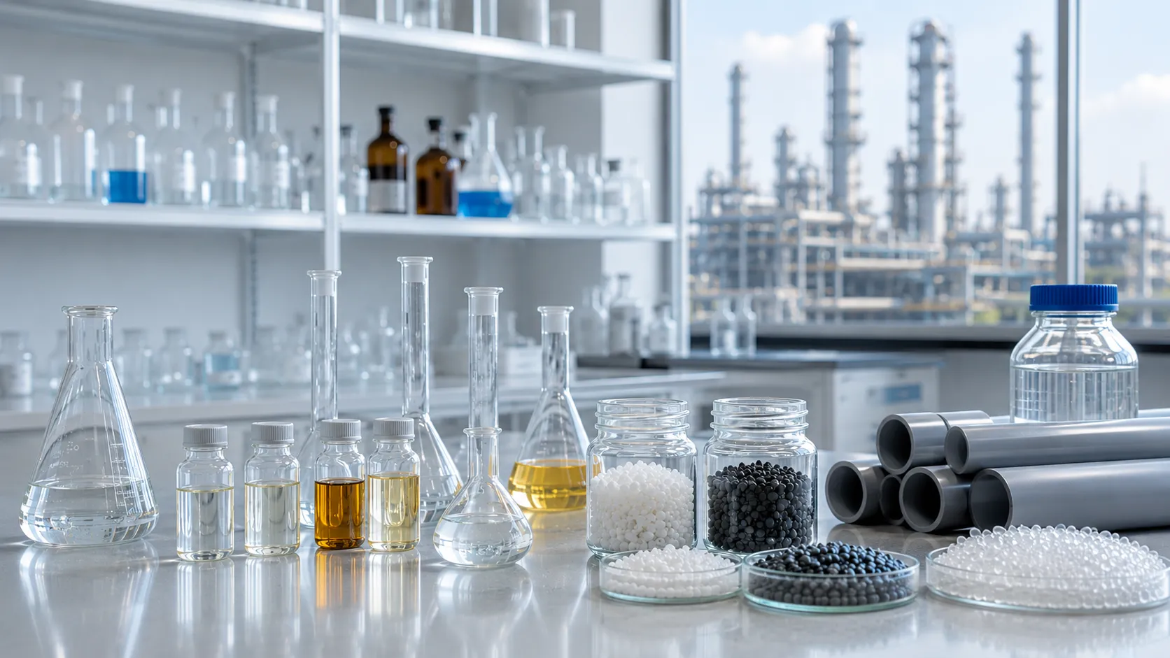Petrochemical product quality control laboratory setup with polymer samples and analytical measurement symbols