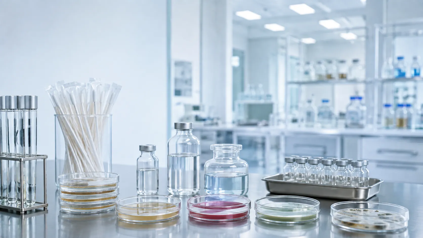 Pharmaceutical microbiology laboratory with sterile vials, petri dishes, microscope, and cleanroom equipment, representing quality control testing