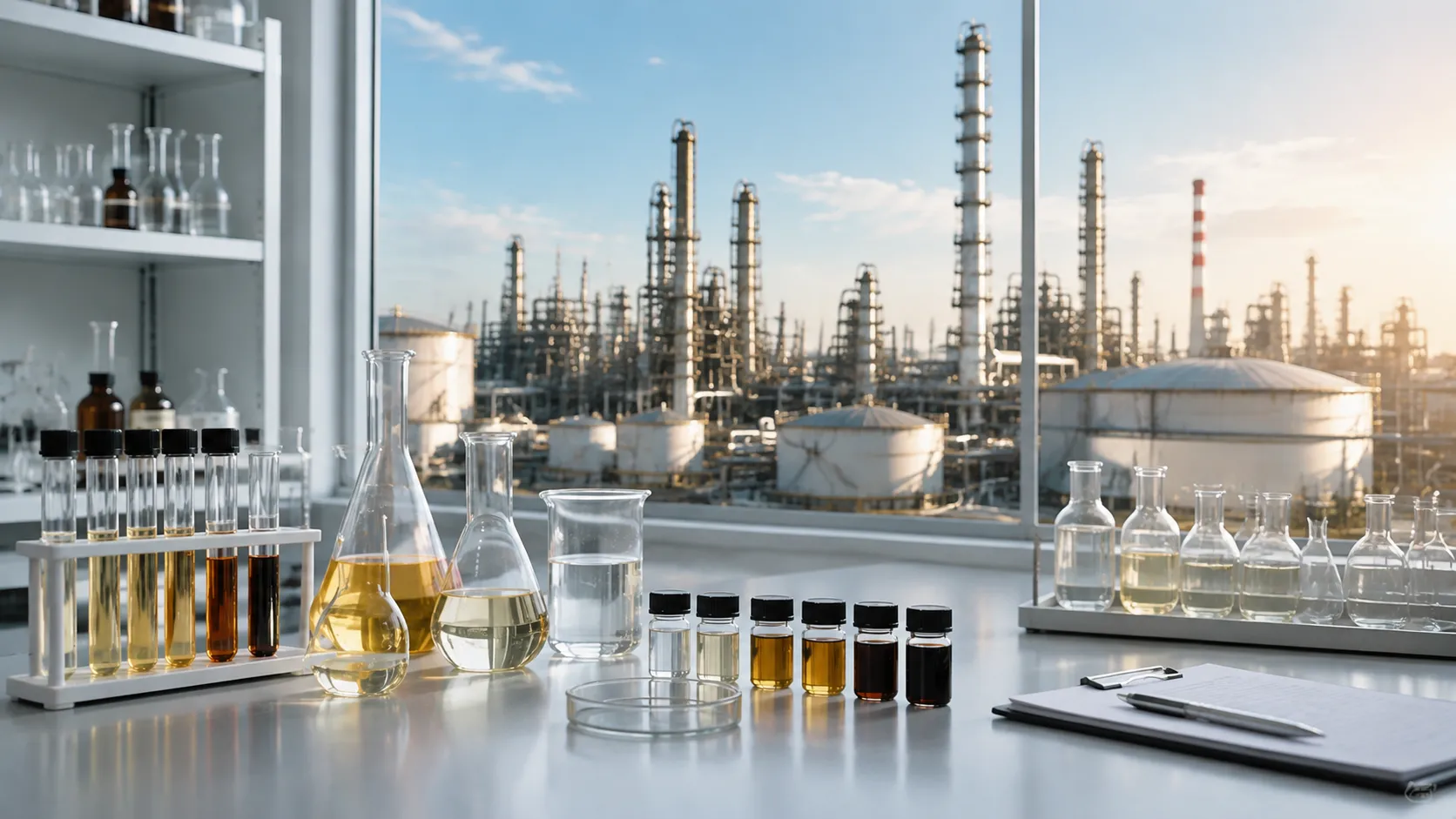 Refinery quality control laboratory equipment editorial cover showing refinery silhouette and fuel testing instruments