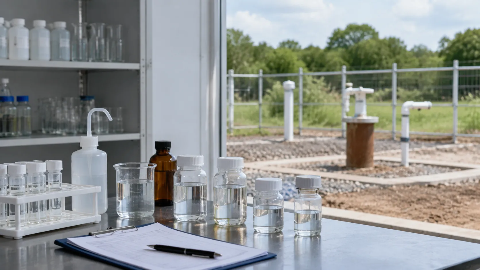 Groundwater sample with laboratory testing equipment including pH meter and turbidity meter, representing quality control in environmental monitoring
