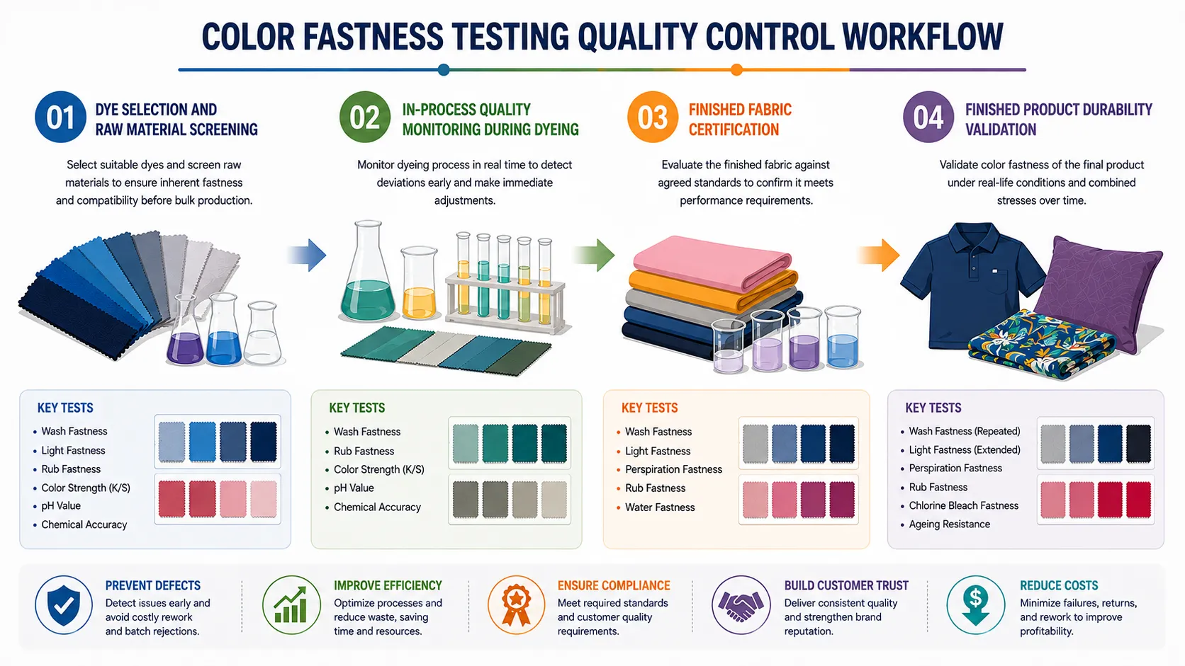 Color fastness testing quality control workflow for textile dyeing, fabric certification, and finished product durability validation