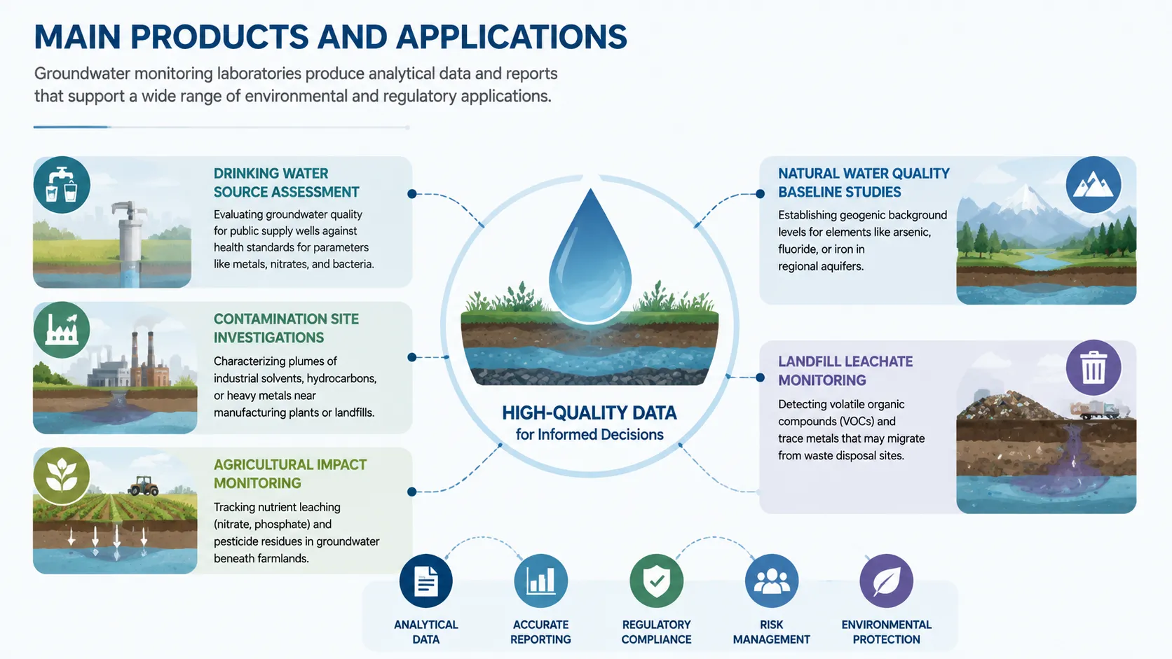 Groundwater monitoring applications and environmental data analysis infographic
