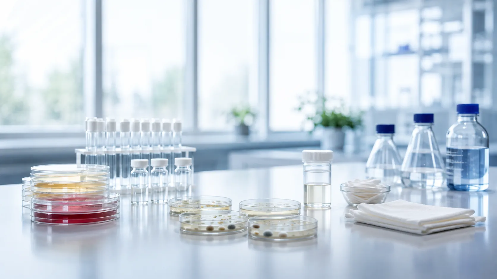Microbiology research laboratory equipment including biosafety cabinet, incubator, microscope, and petri dishes for quality control testing AELAB
