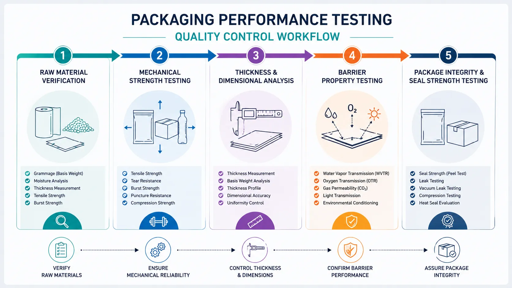 Packaging performance testing quality control workflow covering raw material verification, mechanical strength, thickness, barrier properties and package integrity