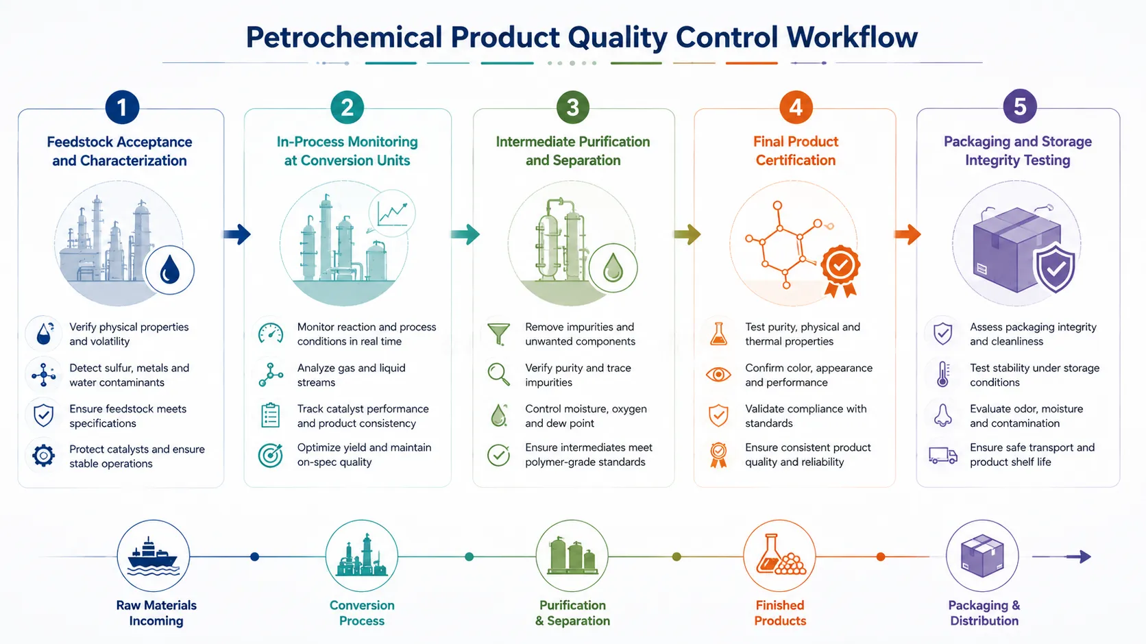 Petrochemical product quality control workflow infographic showing feedstock inspection, process monitoring, purification, final product certification, and packaging quality assurance.