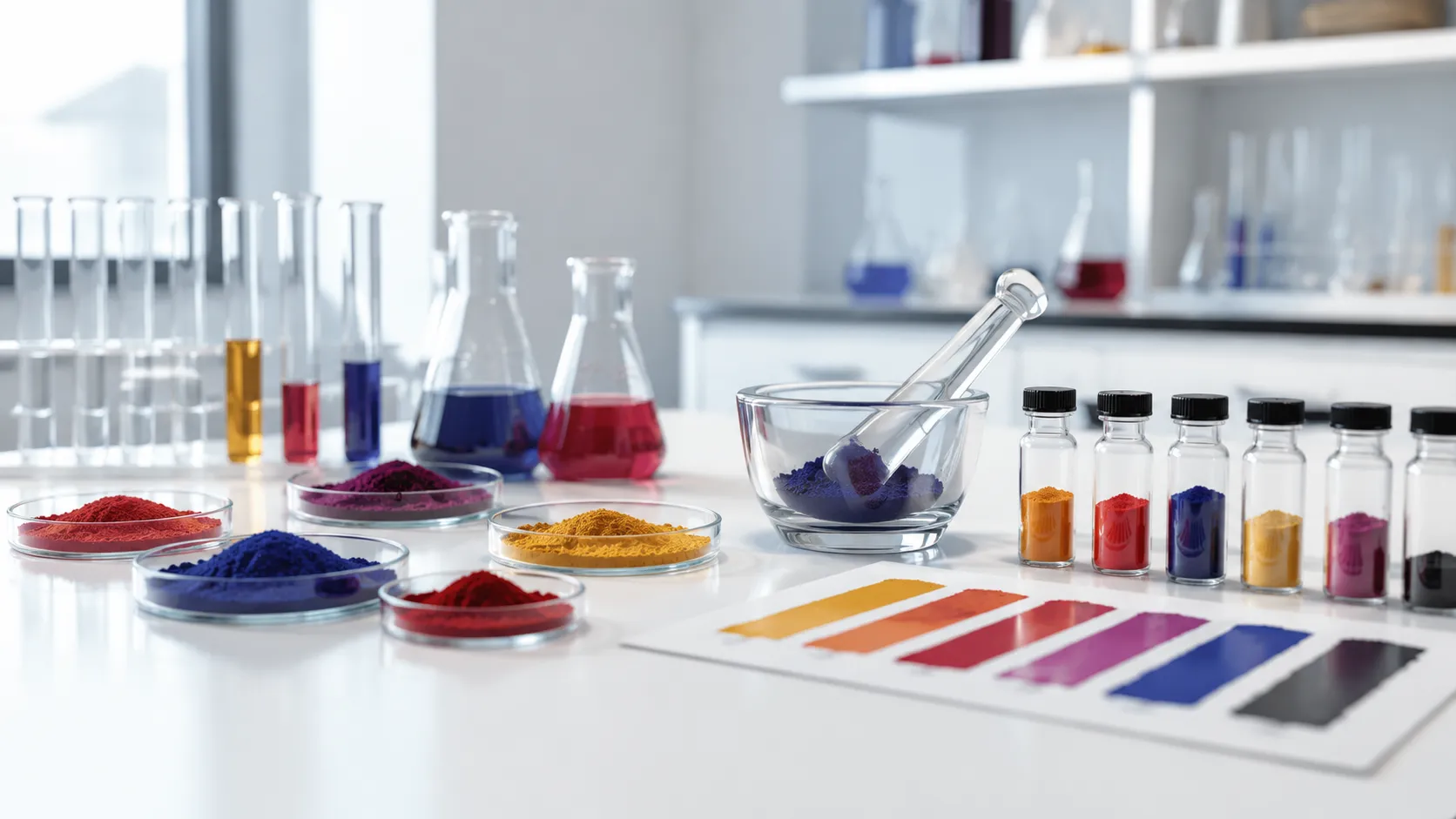 Pigment quality control laboratory equipment featuring colored powders, dye sample, and test instruments AELAB