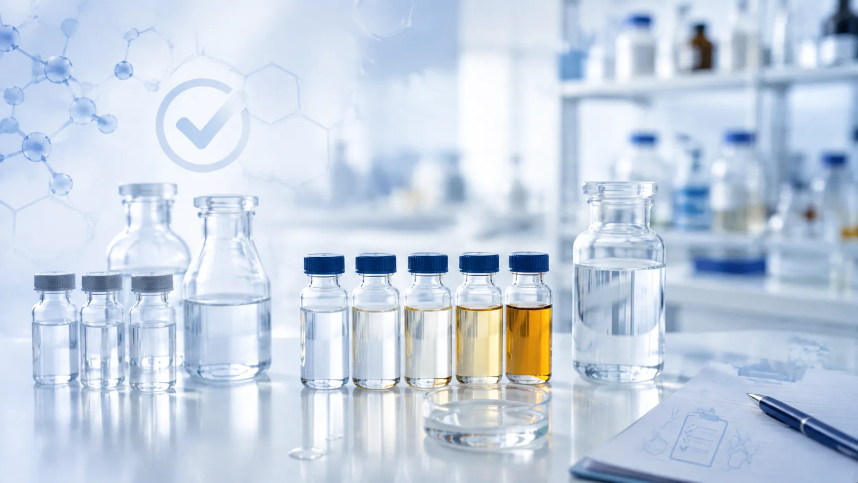 Laboratory equipment for solvent quality testing including refractometer, density meter, gas chromatograph, and Karl Fischer titrator on a clean lab bench aelab