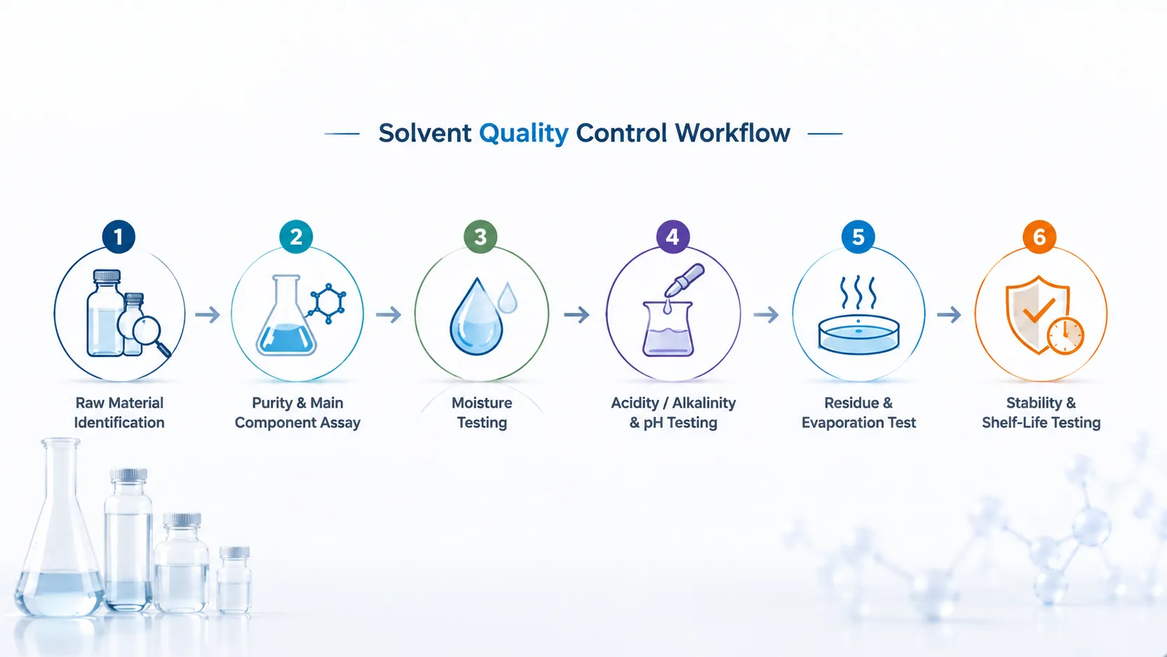 Solvent quality testing workflow for purity, moisture and stability analysis AELAB