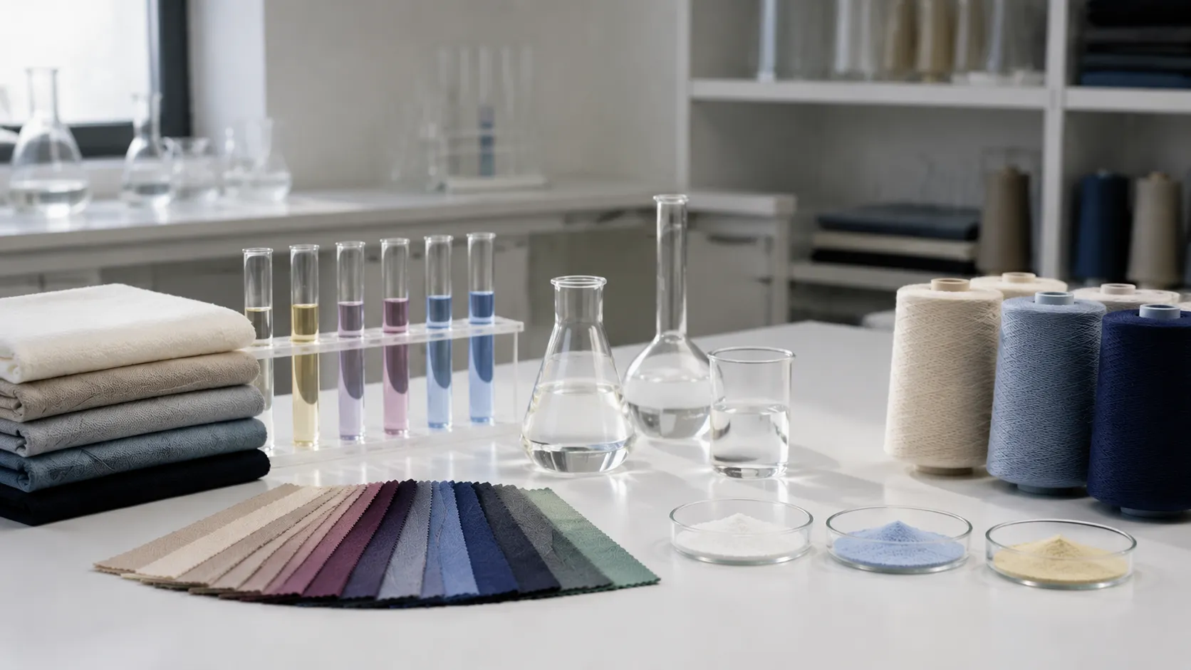 Textile chemical analysis laboratory equipment and fabric samples on a clean lab background