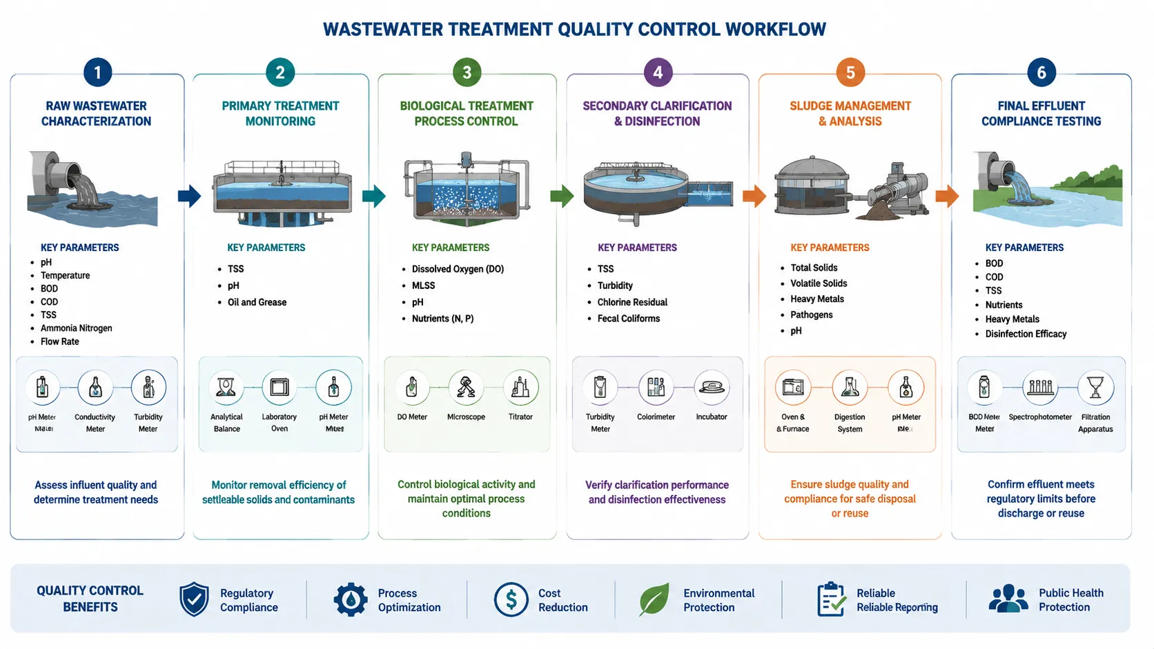 Wastewater treatment quality control workflow infographic showing key laboratory testing stages from raw wastewater characterization to final effluent compliance testing.