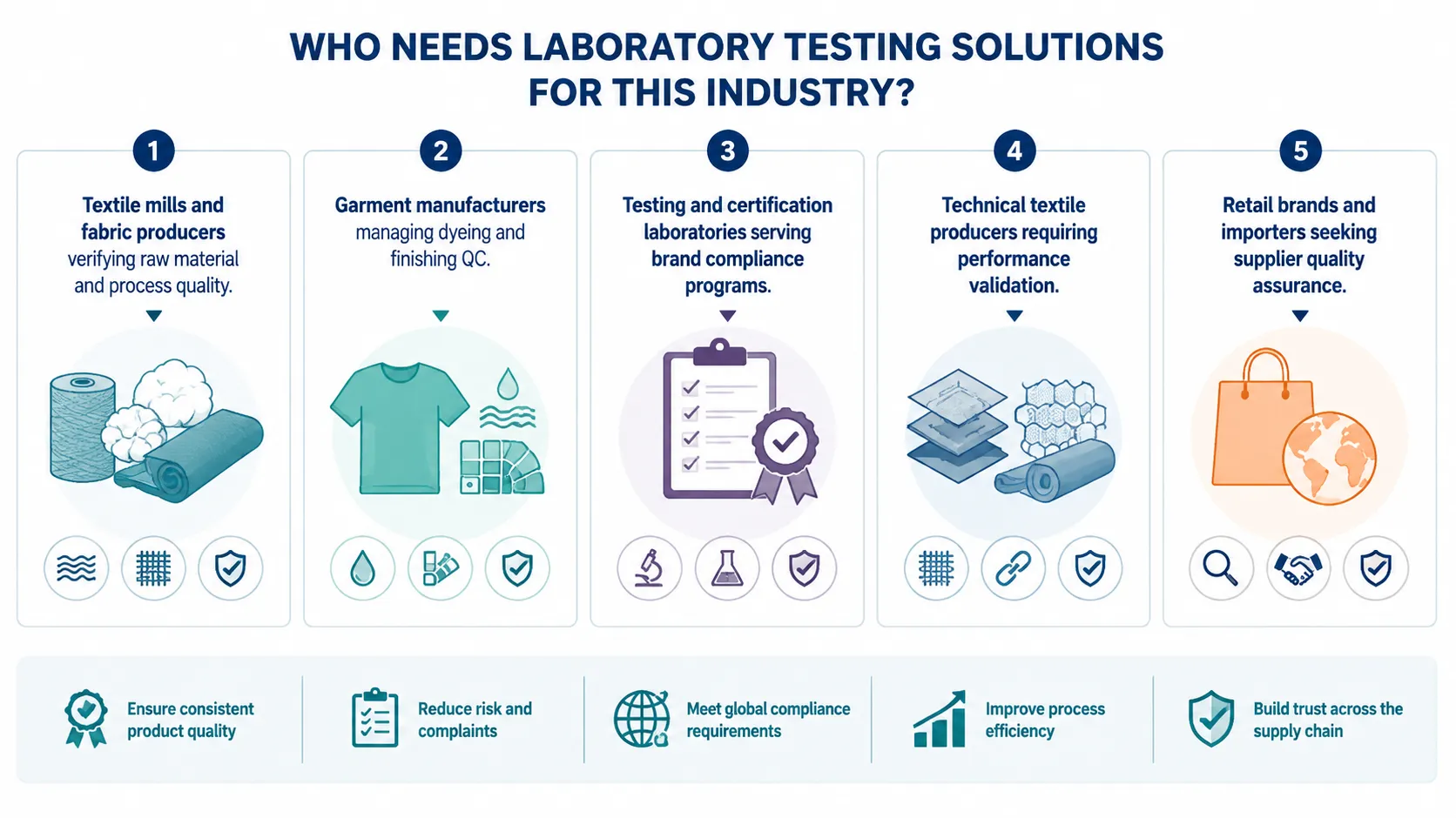 Infographic showing industries that need textile laboratory testing solutions, including textile mills, garment manufacturers, testing laboratories, technical textile producers, and retail brands for quality control and compliance.