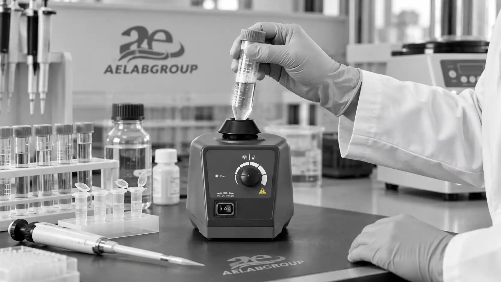 AELAB MX-S vortex mixer being used in a laboratory to mix a sample tube